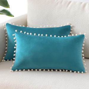 Tianyi-Lot De 2 Housses De Coussin D&eacute;coratives En Velours Doux Pompons Taies D'oreiller D&eacute;coration D'int&eacute;rieur Housse Coussins Pour Canap&eacute; Lit Chaise Chambre Salon (30x50 Cm, Lac Bleu) - Neuf