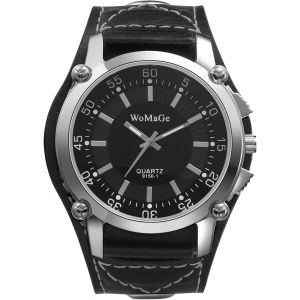 Montre Homme Bracelet Cuir: Montre Homme Gros Cadran Rond Punk Et Rock Analogique Quartz Montre &Agrave; Aiguilles Avec Large Bracelet Cuir-Cadeau Homme Anniversaire F&ecirc;tes Des P&egrave;res - Neuf