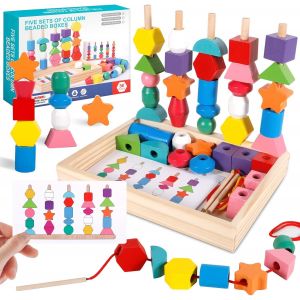Montessori Jouet,3 en 1 Jouets de Perles de laçage en Bois,Empilable y Enfiler Jouet,Tri Jouets,Développer la Pensée et Les Compétences Pratiques de Votre Enfant.pour Les 2 3 4 5 Ans et Plus. - Neuf
