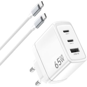 JGD-Chargeur USB C 65W, Charge Rapide 3-Ports PD3.0 & QC3.0, GaN II avec C&acirc;ble Tress&eacute; 2M, Compatible pour MacBook Pro/Air, pour Samsung Galaxy S25/S24/S23/S22 Ultra, pour iPhone 17/16/15, etc - Neuf