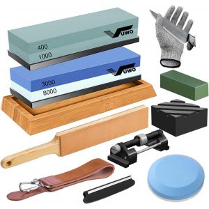 Oayew-Pierre &Agrave; Aiguiser - Japonaise Aiguiseur De Couteau Professionnel Double Face Grain 400/1000 Et 3000/8000 Avec Base En Bambou Antid&eacute;rapante, Aiguiseur De Couteau, Guide D'angle Et Lani&egrave;re En Cui - Neuf