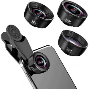 LORANKA-3 en 1 Objectif Telephone Portable, Kit D'objectifs 3 en 1 pour T&eacute;l&eacute;phone Portable, 25X Objectif Macro, 210&deg; Objectif fisheye, 120&deg; Objectif Grand Angle, Objectif pour Smartphone - Neuf