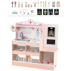 COSTWAY Jouet d'Imitation Docteur - Bois avec 24 kit de Médecin pour Enfant 3 Ans+ Rose - Neuf