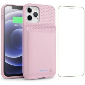 KALCX-Coque Batterie Pour iPhone 12/12 Pro,[10800Mah] Batterie Externe Rechargeable,Puissante Chargeur Portable Boitier D'Extension Avec Verre Tremp&eacute; La Batterie L'&Eacute;tui Pour iPhone 12/12 Pro-Rose - Neuf