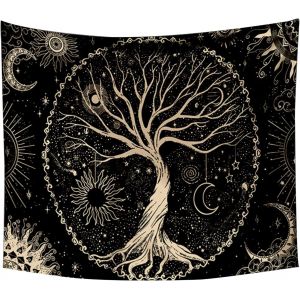 Tenture murale arbre de vie, tapisserie murale en tissu, décoration de la nature, pour salon, chambre à coucher, dortoir, noir - Neuf