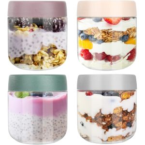 JEXNOVASHOP-4 Overnight Oats Jar, 300ml Pot Overnight Oat Verre, Petit Pot Yaourt en Verre avec Couvercle, Bocaux Overnight Oats, Meal Prep Containers pour Yaourts, Puddings, Smoothie, Salade - Neuf