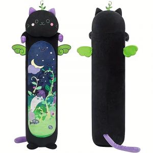 Oreiller Long Chat en Peluche 70cm &ndash; Coussin Corps Doux Kawaii Noir &ndash; D&eacute;co Maison & Cadeau - Neuf