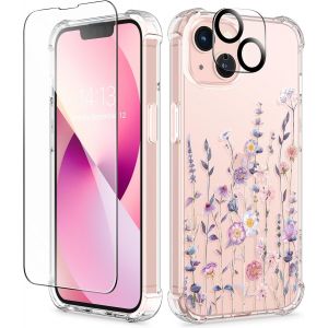 KALANKA-Compatible avec Coque iPhone 13 6.1"" 2021, avec Verre Tremp&eacute; Protection &eacute;cran+Cam&eacute;ra Protecteur, Fleurs Transparent Claire Housse de Protection Antichoc Fine TPU Souple Etui, Floratopie/Color - Neuf