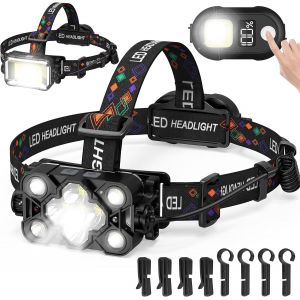 Lampe Frontale Rechargeable, Super Lumineux 50000 Lumen 30w Perles De Lumière Blanche Ip68 Étanche Capteur Phare 90° Tête Réglable Lampe De Poche Pour Camping Pêche Course Chasse, Noir - Neuf