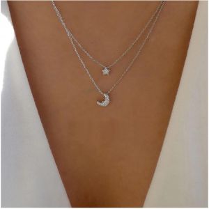 Kal-Collier Boh&eacute;mien En Cristal &Eacute;toile Lune Collier Pendentif &Eacute;toile Lune Strass Collier Ras De Cou Croissant De Lune Argent&eacute; Collier &Eacute;toile Pav&eacute; Cz Bijoux Pour Femmes Et Filles Cadeaux - Neuf