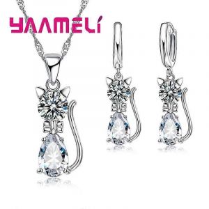 Véritable Argent Sterling 925 Couleur Bijoux Ensembles Pour Femme Filles Brillant Autrichien Cristal Mignon Chat Pendentif Collier Huggie Boucle D'oreille - Neuf