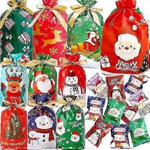 50pcs No&euml;l Cordon D'emballage De Cadeau De Sacs Ensemble De Cordon De No&euml;l Emballage De Sac De Cadeau De No&euml;l Envelopper Le Sac, Petites Et Moyennes Assortiment De 10 Mod&egrave;les 3 Tailles Et Environ 50 - Neuf