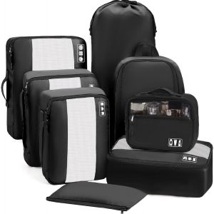 Organisateur De Val 8 Pi&egrave;ces, Rangement Val Organisateur Pour Les Voyages Et Les Vacances, Packing Cubes Avec Sac &Agrave; Chaussures Et Sac &Agrave; Cosm&eacute;tiques, Voyage Accessoires, Noir - Neuf