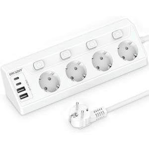 Multiprise d'angle avec 2 USB C et 2 USB A, 4 prises commutables individuellement, montage mural, 4000 W, 16 A, c&acirc;ble de 2 m, blanc - Neuf