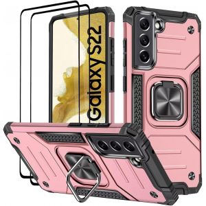 Kal-Coque Pour Samsung Galaxy S22 (6.1""), Verre Trempé [2 Pièces] + Housse Tpu Silicone Rotation 360° Aimant Anneau Support Double Défense Protection Etui - Or Rose - Neuf
