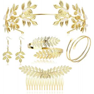 Kalvd-4/5pcs Pcs Déesse Grecque Costume Pour Femme Or Parure Bijoux Femme Mariage Feuilles Laurier Doré Couronne Bracelet Cheveux Boucles D'oreilles Costume Accessoires Pour Halloween Fête Mariage - Neuf