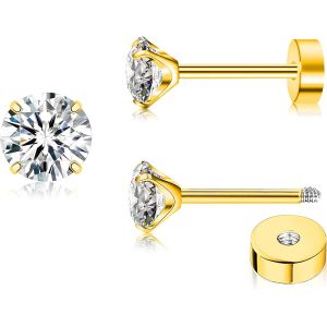 Kalanka-Titanium Femmes Boucles D'oreilles Plates Aaaa + Zirconie 3mm-5mm Plat Arri&egrave;re Cz Boucles D'oreilles Hypoallerg&eacute;nique Cartilage Flatback Boucle D'oreille - Neuf