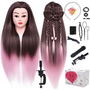 Tete a Coiffer, 75 cm/ 29,5'' T&ecirc;tes d'exercice 100% de Cheveux Synth&eacute;tiques, T&ecirc;te &agrave; Coiffer Poup&eacute;e pour le Salon Coiffeur avec Support + Ensemble de Tresse, Marron + Rose - Neuf