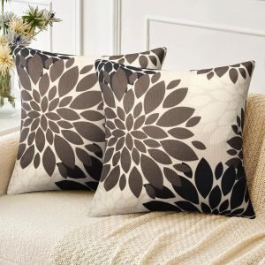 CAUC-Housses de Coussins 45 x 45 Motif Dahlia Fleurs Marron et Noir Moderne Lin Taie d'oreiller pour Canap&eacute; D'&eacute;t&eacute; pour Salon Jardin Sofa Automne Coussin D&eacute;cor, Lot de 2 - Neuf