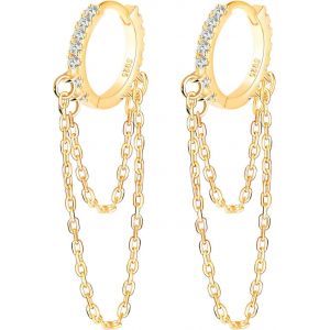 Kal-Petites Boucles D'oreilles Créoles Avec Chaine Argent 925 Boucles D'oreilles Femme Créoles Zircone Cubique Longues Boucles D'oreilles Pendantes - Neuf