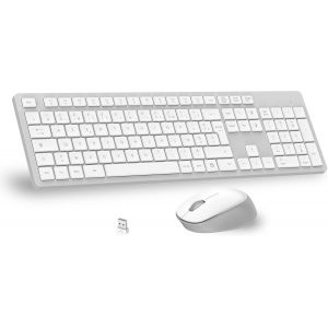 Ensemble Clavier Et Souris Sans Fil, Ultra Mince And Silencieux Clavier Azerty Fran&ccedil;ais Pleine Taille 2.4G Avec R&eacute;cepteur Usb Pour Pc, Ordinateur Portable, Windows, Mac - Blanc Gris - Neuf