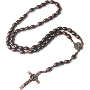 Kal-Collier Chapelet En Bois, Collier Chapelet Croix Catholique, Perles De Prière En Bois Naturel Avec Croix Médaille Jésus Christ Saint Benoît, Pour Baptême, Communion, Mariage, Fête De Communion - Neuf