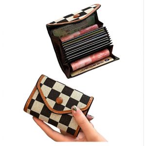 Porte-cartes accord&eacute;on &agrave; damier caf&eacute; - Neuf