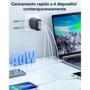 Chargeur Usb C Prise,40w Chargeur Rapide Iphone,4-Port Usbc Power Adaptateur+Qc Multi Usbc Bloc Prise Rapide Chargeur Pour 16 15 14 13 12 11 Pro Max Plus,Ipad,Samsung Galaxy,Type C Secteur Murale - Neuf