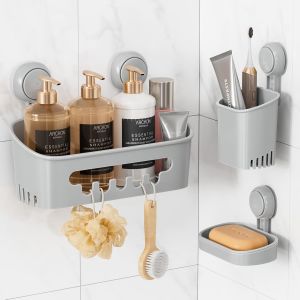 Support Douche Ventouse et Porte Savon et Porte Savon &agrave; dents Lot Pas de Per&ccedil;age Support Salle Ventouse en Amovible Panier de Douche Aspiration &Eacute;tanche Organisateur de Rangement, Grise - Neuf