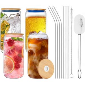Mevronisshop-10 Pièces Verres Canette À Bière Set, 4pcs 20oz /600ml Gobelets En Verre Glacés En Forme De Boîte Avec 4pcs Couvercle Et Paille, 2pcs Brosses- Pour Cocktail Whisky Milkshake Café Thé Sod - Neuf