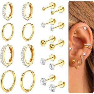 9 Pairs Of Earrings Sets For Women 14k Gold Plated Stainless Steel Piercing Cartilage Hoop Earrings Lobe Helix Cartilage For Women - Neuf