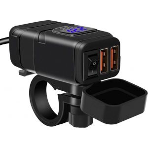 AYU-Chargeur de Voiture, Prise USB QC 3.0 et Voltmètre LED 6-30V, Adaptateur USB Étanche pour Moto IP65 avec Interrupteur Marche-Arrêt pour SUV Marin de Bateau 12V (Bleu) - Neuf