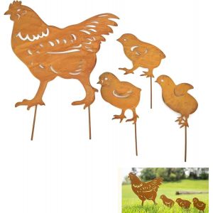 MEVRONISSHOP-4 Pièces Rouillés avec Poule Décoration de Jardin Poule avec Poussins Poulet Decoration Exterieur Jardin rouillée Poulet Art Jardin Statues Métalliques pour l'extérieur,Jardin,la terrass - Neuf