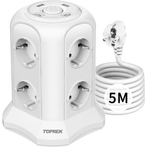Multiprise avec Interrupteur, 8 Prises Multiprise Electrique avec 2 USB-A & 2 USB-C(USB C1 20W PD3.0 Charge Rapide),4000W/16A,Parafoudre et 5M Câble la Maison et au Bureau (Blanc) - Neuf
