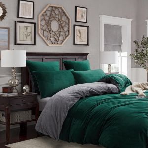 Parure De Lit 4 Pi&egrave;ces En Peluche 135 X 200 Cm - Vert Fonc&eacute; - Gris - Pour L'hiver - Chaude - Polaire - Cachemire Et Flanelle Moelleuse - Toucher 2 - Avec Fermeture &Eacute;clair Et 2 Taies D'oreiller De 80 - Neuf