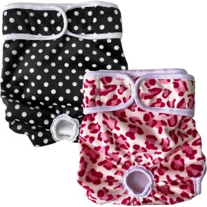 Couche Pour Chien Femelle Lavable Lot De 2 R&eacute;utilisables Culottes Hygi&eacute;niques Tr&egrave;s Absorbantes Incontinence P&eacute;riodes Physiologiques L&eacute;opard Et Pois S - Neuf