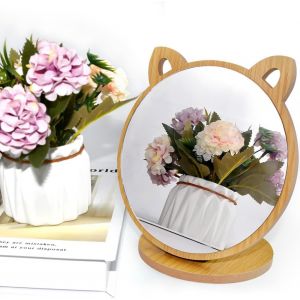 Wooden Makeup Mirror, Folding Table Mirror, Small Mirror On Stand 19x16cm, Round Cosmetic Mirror, Desk Mirror With Wooden Base, For Bedroom Bathroom Dressing Table - Neuf