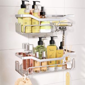 Etagere Douche, Porte Savon Douche Sans Per&ccedil;age, Etagere Salle De Bain Acier Inoxydable, Panier De Douche Avec 11 Crochets, Sticker Rangement Douche, 2 Pcs Serviteurs De Douche, Argente - Neuf