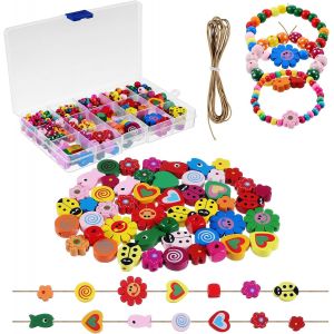 KALANKA-Lot de 400 perles pour bracelets - 11 types de perles colorées - Pour enfants - Perles en bois multicolores à enfiler - Bracelets multicolores - Pour bricolage - Neuf