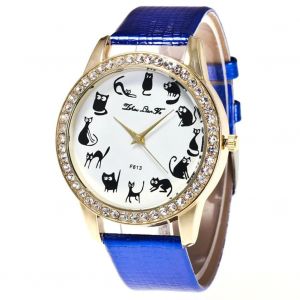 Zhoulianfa Femmes Tendance Chat Motif Affichage Analogique Mouvement Quartz Montre-Bracelet (Bleu) - Neuf