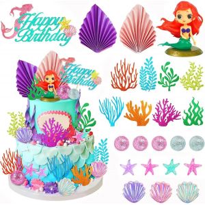 Trahoo-Lot De 24 Décorations De Gâteau En Forme De Sirène, Avec Modèle Ariel, Feuilles De Palmier, Animaux Marins Et Balles, Décoration Pour Fête D'anniversaire, Baptême - Neuf
