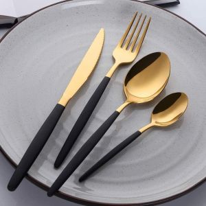 Checarzhn--No1-Ménagère 4 Pièces En Acier Inoxydable Noir Et Doré Avec Poignée Noire En Titane Pour 1, Comprend 1 Couteau, 1 Fourchette, 1 Cuillère À Soupe, 1 Cuillère À Café, Durable Et Passe Au Lave-Vaisselle - Neuf