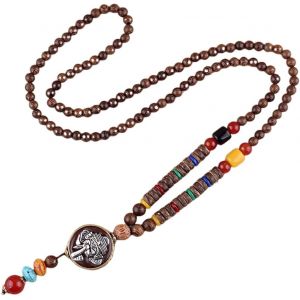 Kales-Collier Homme Et Femmes En Perles De Bois-Style Ethnique Long Avec Pendentif Bodhi Et Éléphant Turc - Neuf