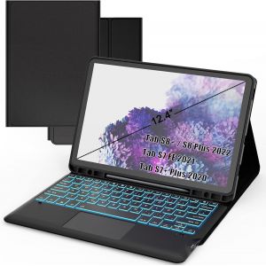 Étui Clavier Pour Samsung Galaxy Tab S8 Plus/S7 Fe/S7 Plus 12,4"" ¿ 7 Couleurs D'éclairage Touchpad ¿ Clavier Qwertz Allemand Éclairé, Noir - Neuf
