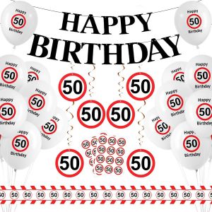 D&eacute;coration Anniversaire 50 Ans, 50e Anniversaire D&eacute;coratifs Avec Guirlande, Ballons, Serpentin, Sticker, Spiral Charms, Happy Birthday D&eacute;co 50 Homme Femme,Panneau De Signalisation F&ecirc;te D'anniversair - Neuf