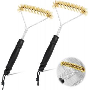 KAL-Lot De 2 Brosse Barbecue En Laiton 30 Cm Brosse De Nettoyage De Barbecue Avec Poignée En Plastique Anti-Brûlure -Accessoire Pour Grille En Fonte, Barbecue À Gaz, Barbecue Au Charbon De Bois - Neuf