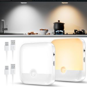 Lot De 2 Veilleuses Led Avec Détecteur De Mouvement, Rechargeables Et Sans Fil, Pour L'intérieur De La Voiture, Pour Escaliers, Chambre À Coucher, Couloir, Chambre D'enfant, Cuisine - Neuf