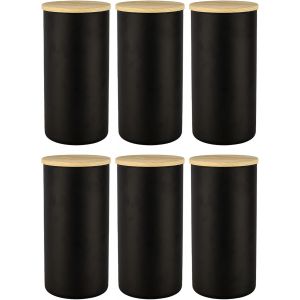 Lot De 6 Bo&icirc;tes De Conservation En Verre Noires Avec Couvercle En Bois Herm&eacute;tique 1385 Ml - Pour Th&eacute;, C&eacute;r&eacute;ales, Grains De Caf&eacute;, &Eacute;pices - Neuf
