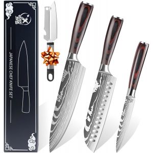 Jexnovashop-Couteau Cuisine Couteaux De Cuisine De Couteaux Chef 8&iquest;, Santoku 7&iquest;, Utilitaire 5&iquest; Et &Eacute;plucheur Couteau De Cuisine - Neuf