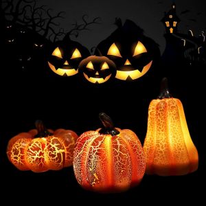 CAUC-Lanterne Citrouille Lumi&egrave;re LED,3 Pi&egrave;ces Citrouille Lumineuse,Lampe Citrouille en R&eacute;sine &agrave; LED,D&eacute;cor Lumi&egrave;re Citrouille pour Halloween,Salle &agrave; Manger,D&eacute;Coration de la Maison. - Neuf